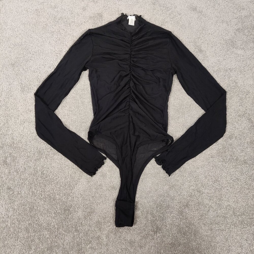 Bozzolo Women's Ruched Bodysuit Size S Black Bodycon Sexy Feminine Casual Comfy